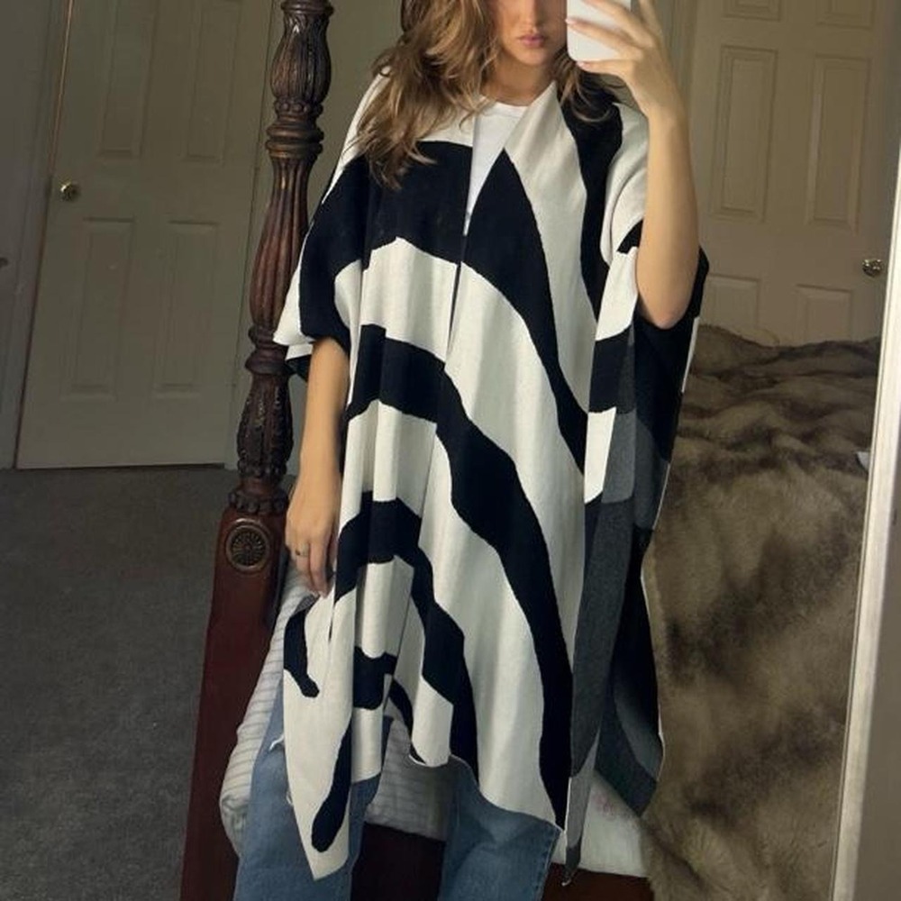 00s black and white abstract striped poncho sweater